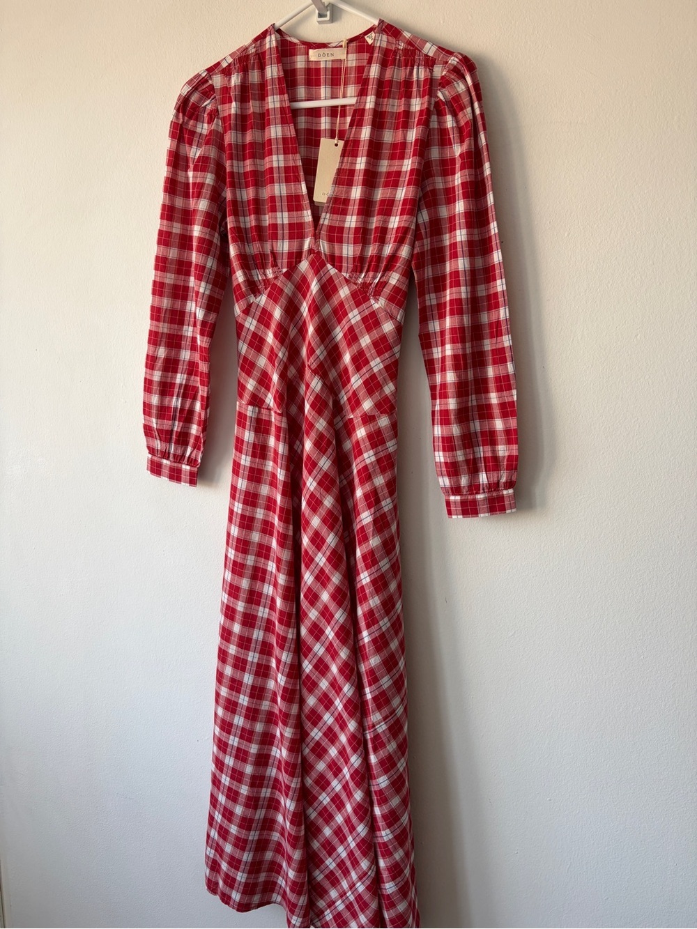 NWT Doen Charleston Cotton V Neck Long Sleeve A Line Maxi Dress Alsace Plaid Red - Picture 9 of 16